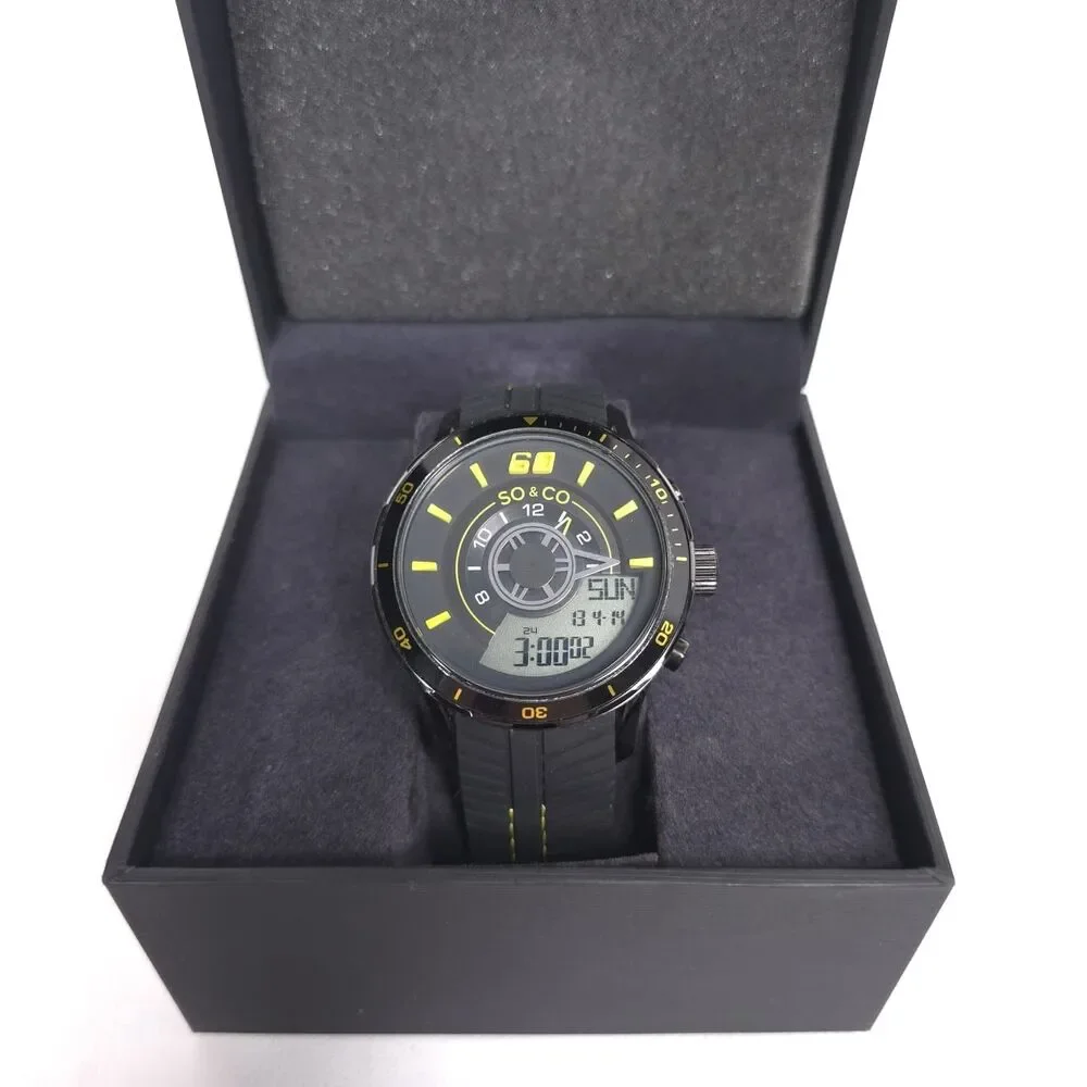 SO & CO NY New Mens Watch Analog Digital Black Yellow Sport 100M Water Resistant